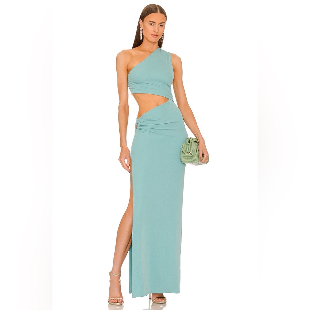 xREVOLVE Decker Maxi Dress Michael Costello Side cut-out with O-ring accent teal
